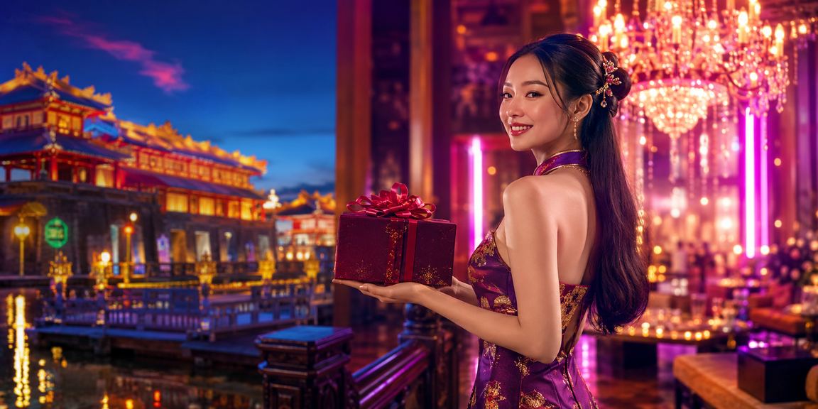 Người chơi casino VIP trong không gian ánh đèn neon tại Huế ban đêm